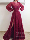 Long Sleeve Pearl Lace Burgundy Prom Dresses with Slit FD1717-prom dresses-Viniodress-Viniodress