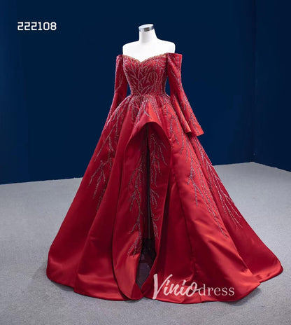 Long Sleeve Red Ball Gown Beaded Satin Wedding Dresses with Slit 222108-Quinceanera Dresses 2025 -Viniodress-Red-Custom Size-