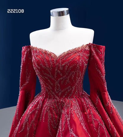 Long Sleeve Red Ball Gown Beaded Satin Wedding Dresses with Slit 222108-Quinceanera Dresses 2025 -Viniodress-Red-Custom Size-