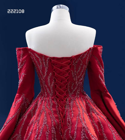 Long Sleeve Red Ball Gown Beaded Satin Wedding Dresses with Slit 222108-Quinceanera Dresses 2025 -Viniodress-Red-Custom Size-