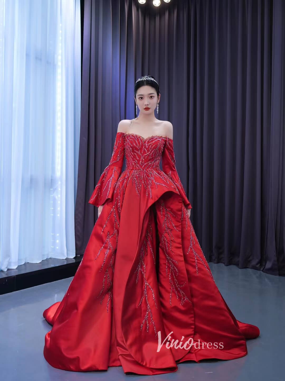 Long Sleeve Red Ball Gown Beaded Satin Wedding Dresses with Slit 222108-Quinceanera Dresses 2025 -Viniodress-Red-Custom Size-
