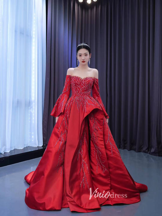 Long Sleeve Red Ball Gown Beaded Satin Wedding Dresses with Slit 222108-Quinceanera Dresses 2025 -Viniodress-Red-Custom Size-
