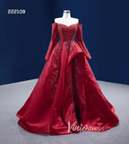 Long Sleeve Red Ball Gown Beaded Satin Wedding Dresses with Slit 222108-Quinceanera Dresses-Viniodress-Viniodress