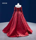 Long Sleeve Red Ball Gown Beaded Satin Wedding Dresses with Slit 222108-Quinceanera Dresses-Viniodress-Viniodress