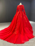 Long Sleeve Red Lace Appliqued Prom Dresses FD1602B viniodress-prom dresses-Viniodress-Viniodress