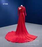 Long Sleeve Red Mermaid Pageant Dress Overskirt Formal Gown 67436-prom dresses-Viniodress-Viniodress