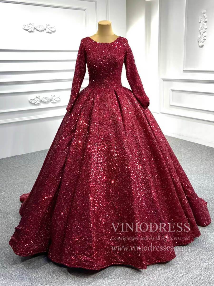 Long Sleeve Red Sequin Ball Gown Glamour Prom Dresses 67121B viniodress-Quinceanera Dresses-Viniodress-Burgundy-Custom Size-Viniodress