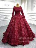 Long Sleeve Red Sequin Ball Gown Glamour Prom Dresses 67121B viniodress