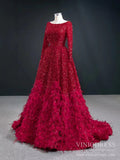 Long Sleeve Red Sequin Prom Dresses Feather Evening Dress 67124-prom dresses-Viniodress-Viniodress