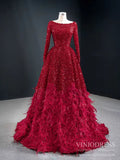 Long Sleeve Red Sequin Prom Dresses Feather Evening Dress 67124