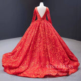 Long Sleeve Red Wedding Dresses Ball Gown Bridal Dress VW1274-wedding dresses-Viniodress-Viniodress