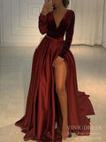 Long Sleeve Satin Burgundy Prom Dresses with High Slit & Velvet Bodice & Pockets FD1595B