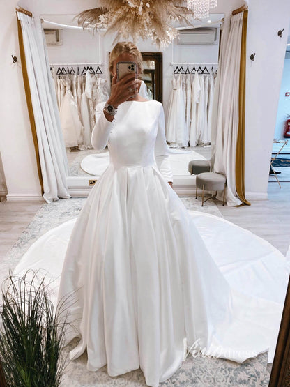Long Sleeve Satin Wedding Gowns Backless Cathedral Train Bridal Dress VW1398B-wedding dresses 2025 -Viniodress-Ivory-Custom Size-