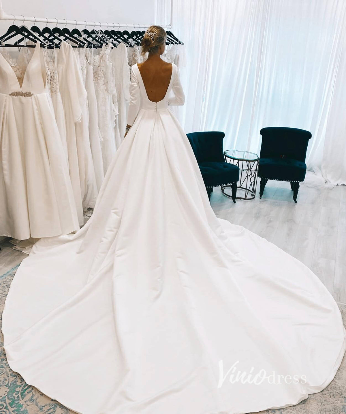 Long Sleeve Satin Wedding Gowns Backless Cathedral Train Bridal Dress VW1398B-wedding dresses-Viniodress-Ivory-Custom Size-Viniodress