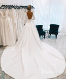 Long Sleeve Satin Wedding Gowns Backless Cathedral Train Bridal Dress VW1398B
