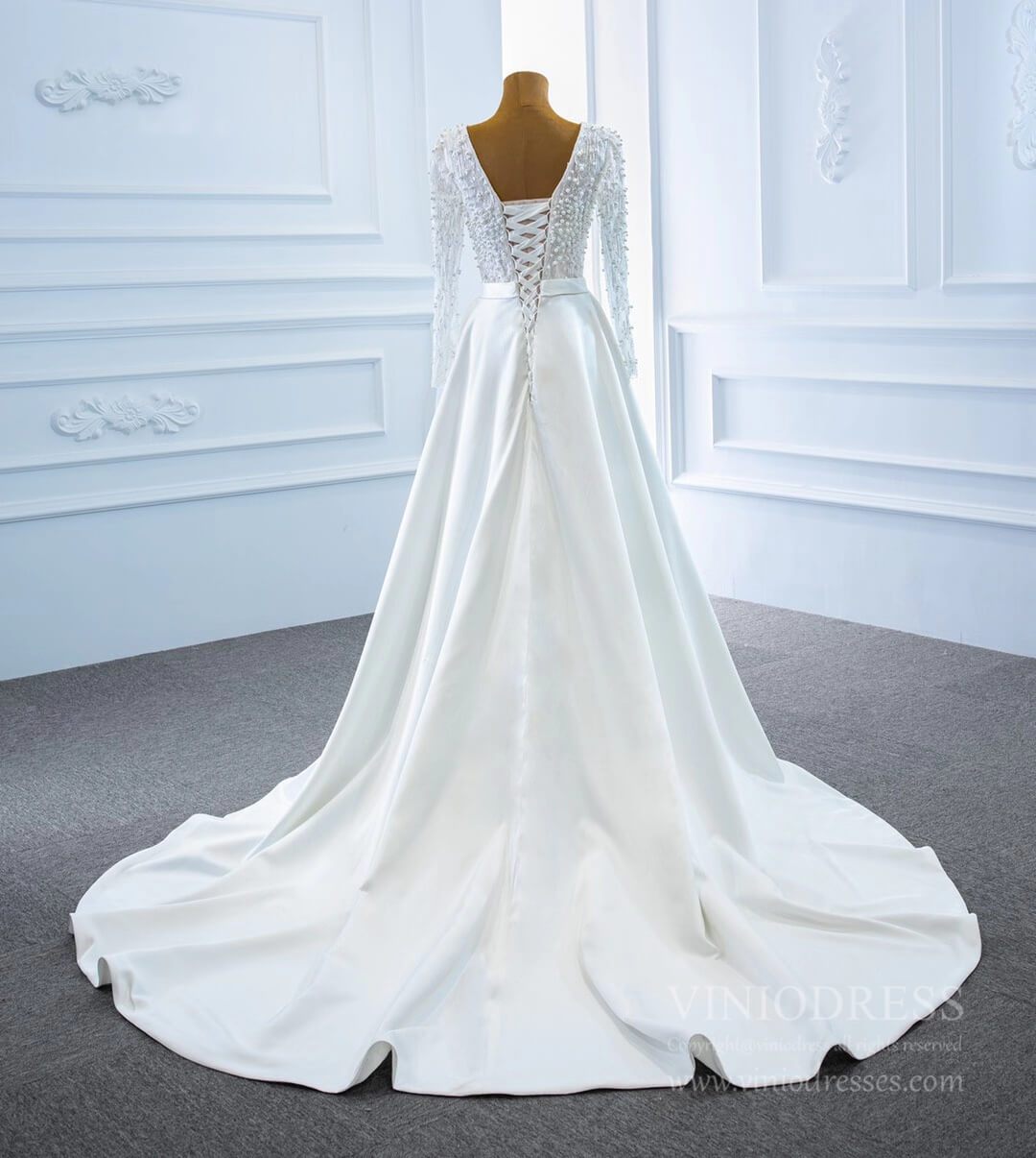 Long Sleeve Satin Wedding Gowns V-neck Pearls Wedding Dresses VW1804-wedding dresses 2025 -Viniodress-Ivory-Custom Size-