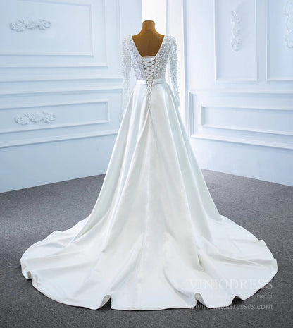 Long Sleeve Satin Wedding Gowns V-neck Pearls Wedding Dresses VW1804-wedding dresses 2025 -Viniodress-Ivory-Custom Size-