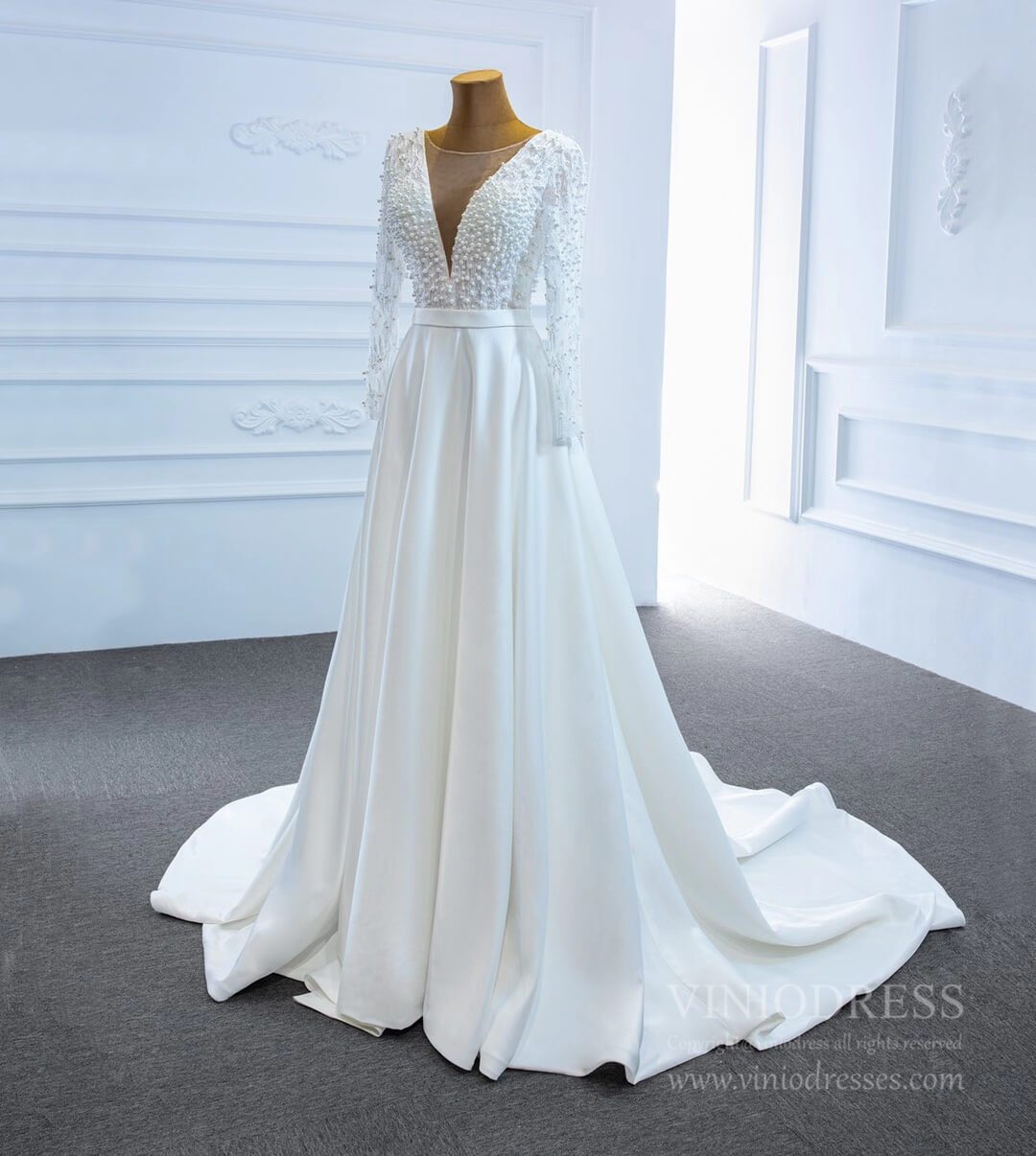Long Sleeve Satin Wedding Gowns V-neck Pearls Wedding Dresses VW1804-wedding dresses 2025 -Viniodress-Ivory-Custom Size-