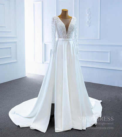 Long Sleeve Satin Wedding Gowns V-neck Pearls Wedding Dresses VW1804-wedding dresses 2025 -Viniodress-Ivory-Custom Size-