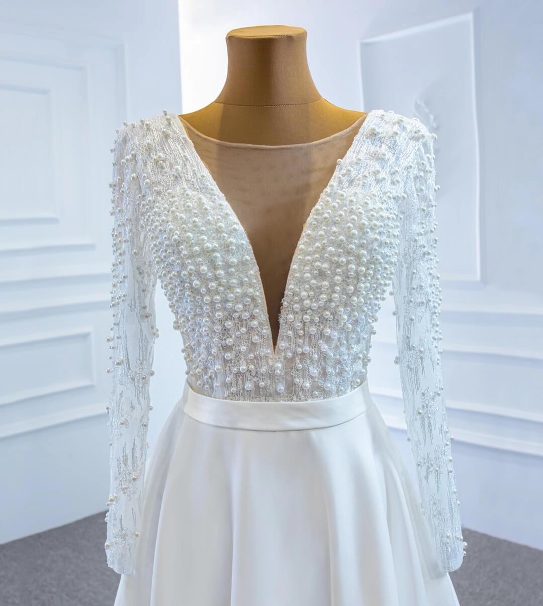 Long Sleeve Satin Wedding Gowns V-neck Pearls Wedding Dresses VW1804-wedding dresses 2025 -Viniodress-Ivory-Custom Size-