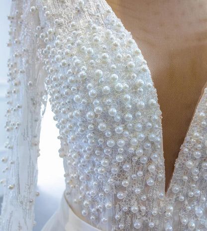 Long Sleeve Satin Wedding Gowns V-neck Pearls Wedding Dresses VW1804-wedding dresses 2025 -Viniodress-Ivory-Custom Size-