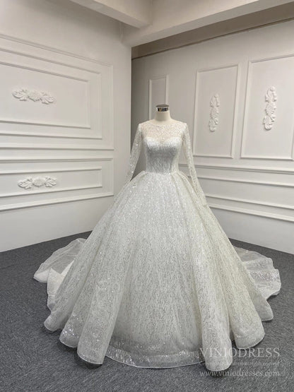 Long Sleeve Shiny Champagne Arabic Wedding Dresses with Long Train-wedding dresses 2025 -Viniodress-Champagne-Custom Size-