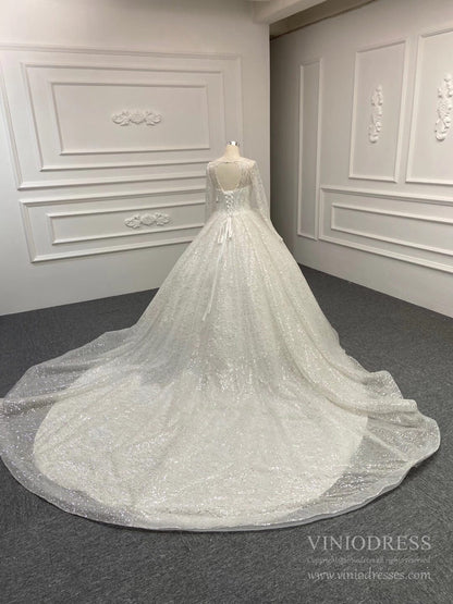 Long Sleeve Shiny Champagne Arabic Wedding Dresses with Long Train-wedding dresses 2025 -Viniodress-Champagne-Custom Size-