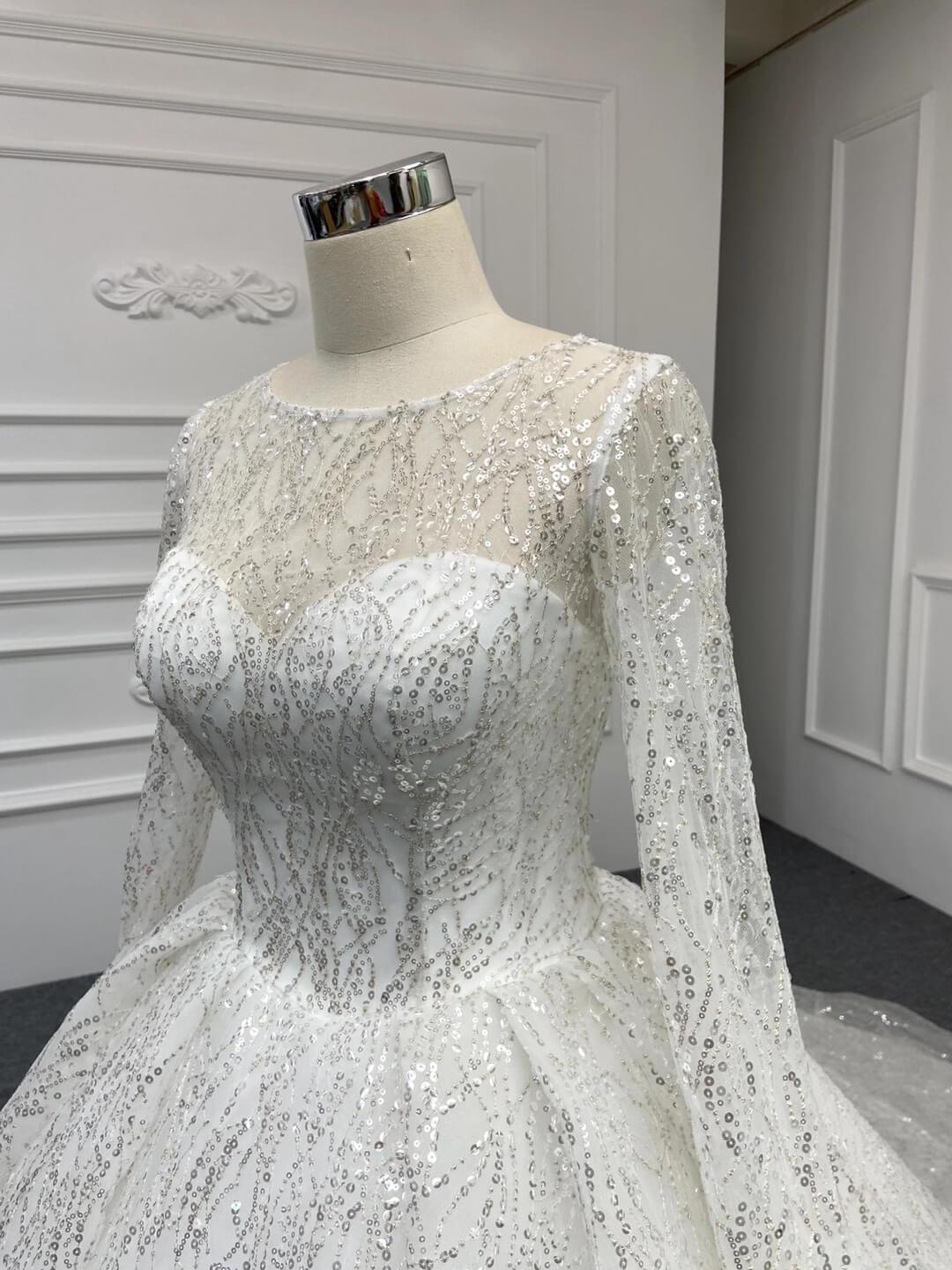 Long Sleeve Shiny Champagne Arabic Wedding Dresses with Long Train-wedding dresses 2025 -Viniodress-Champagne-Custom Size-