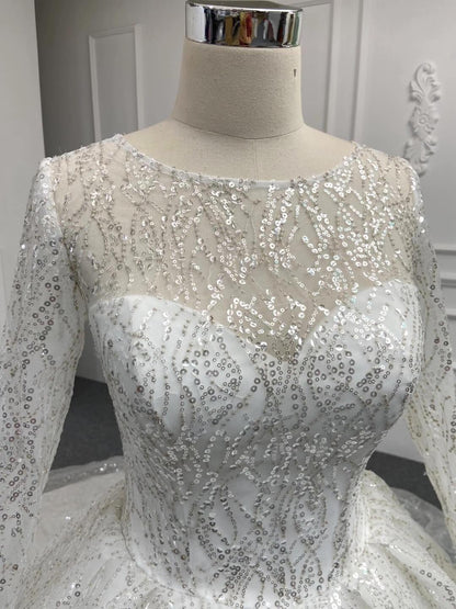 Long Sleeve Shiny Champagne Arabic Wedding Dresses with Long Train-wedding dresses 2025 -Viniodress-Champagne-Custom Size-