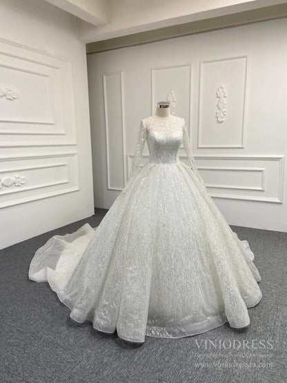 Long Sleeve Shiny Champagne Arabic Wedding Dresses with Long Train-wedding dresses 2025 -Viniodress-Ivory-Custom Size-