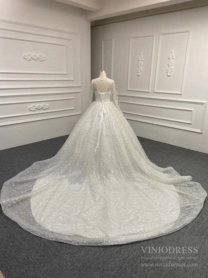 Long Sleeve Shiny Champagne Arabic Wedding Dresses with Long Train-wedding dresses 2025 -Viniodress-Champagne-Custom Size-