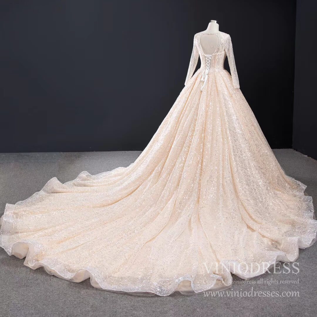 Long Sleeve Shiny Champagne Arabic Wedding Dresses with Long Train-wedding dresses 2025 -Viniodress-Champagne-Custom Size-
