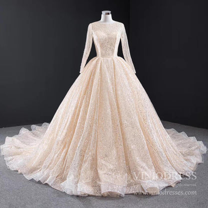 Long Sleeve Shiny Champagne Arabic Wedding Dresses with Long Train-wedding dresses 2025 -Viniodress-Champagne-Custom Size-