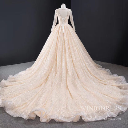 Long Sleeve Shiny Champagne Arabic Wedding Dresses with Long Train-wedding dresses 2025 -Viniodress-Champagne-Custom Size-