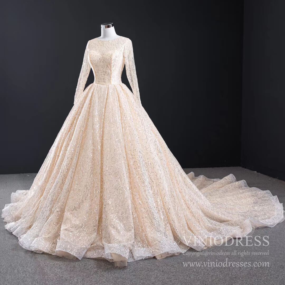 Long Sleeve Shiny Champagne Arabic Wedding Dresses with Long Train-wedding dresses 2025 -Viniodress-Champagne-Custom Size-