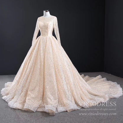 Long Sleeve Shiny Champagne Arabic Wedding Dresses with Long Train-wedding dresses 2025 -Viniodress-Champagne-Custom Size-