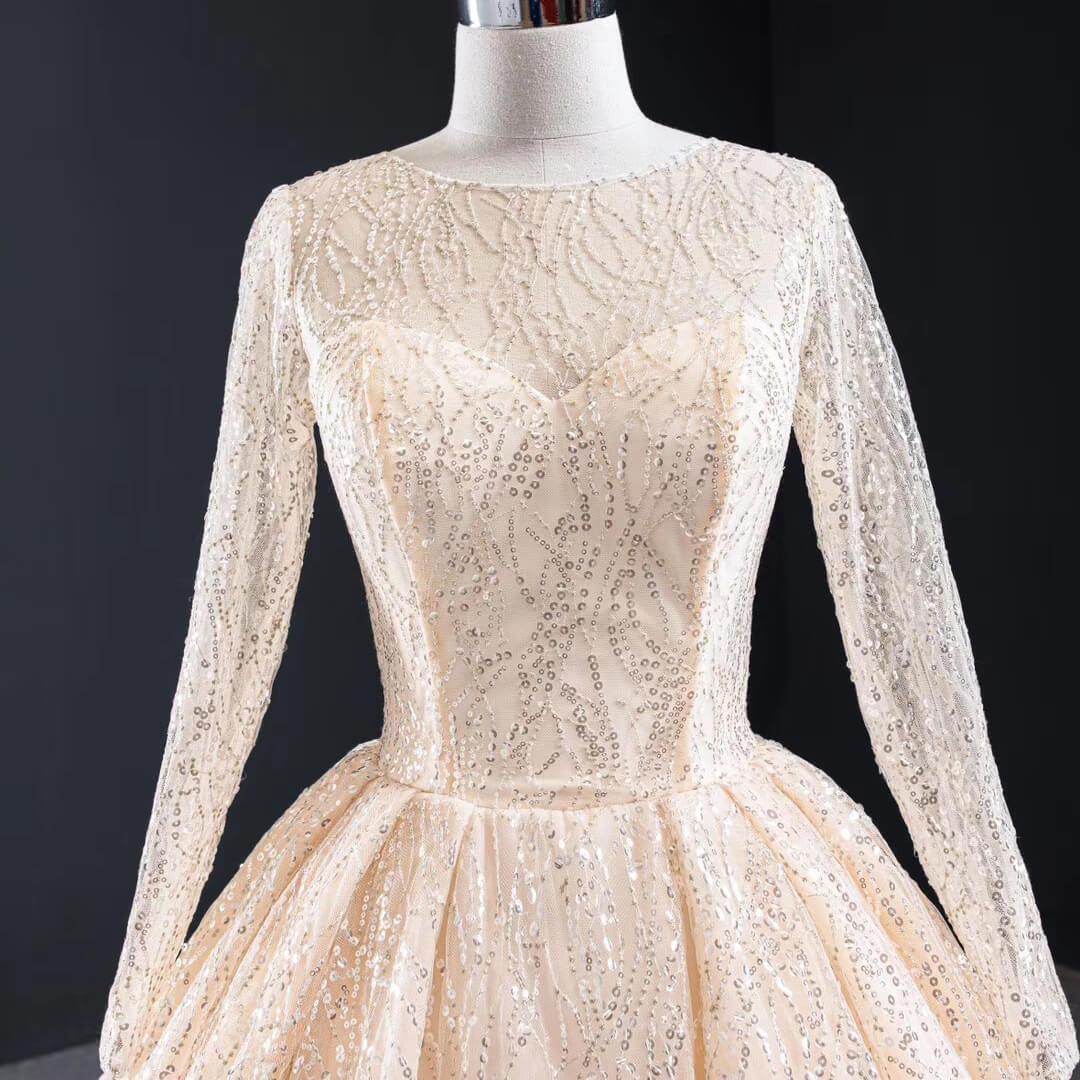 Long Sleeve Shiny Champagne Arabic Wedding Dresses with Long Train-wedding dresses 2025 -Viniodress-Champagne-Custom Size-