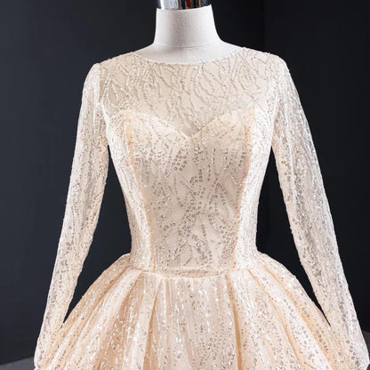 Long Sleeve Shiny Champagne Arabic Wedding Dresses with Long Train-wedding dresses 2025 -Viniodress-Champagne-Custom Size-
