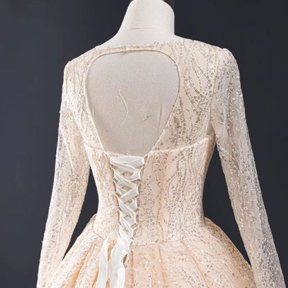 Long Sleeve Shiny Champagne Arabic Wedding Dresses with Long Train-wedding dresses 2025 -Viniodress-Champagne-Custom Size-