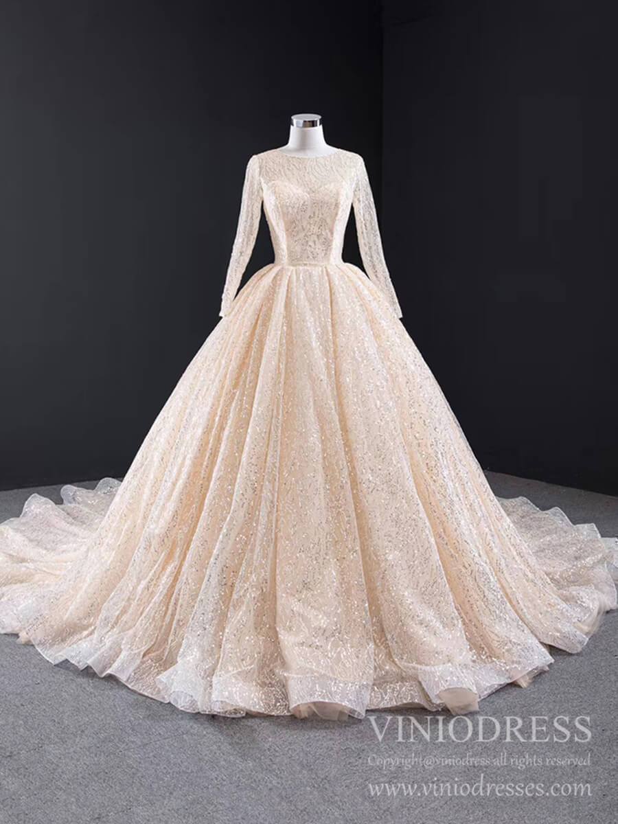 Long Sleeve Shiny Champagne Arabic Wedding Dresses with Long Train-wedding dresses 2025 -Viniodress-Champagne-Custom Size-