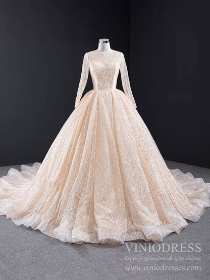 Long Sleeve Shiny Champagne Arabic Wedding Dresses with Long Train-wedding dresses 2025 -Viniodress-Champagne-Custom Size-