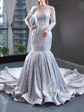 Long Sleeve Silver Beaded Mermaid Pageant Dresses FD1477 viniodress