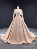 Long Sleeve Sparkly Rose Gold Ball Gown Wedding Dresses FD1997 viniodress