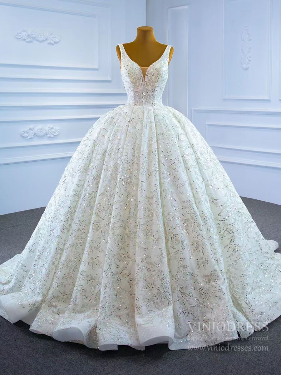 Luxury Beaded Ball Gown Wedding Dresses V-neck 67254-wedding dresses 2025 -Viniodress-Ivory-Custom Size-