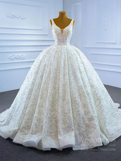 Luxury Beaded Ball Gown Wedding Dresses V-neck 67254-wedding dresses 2025 -Viniodress-Ivory-Custom Size-