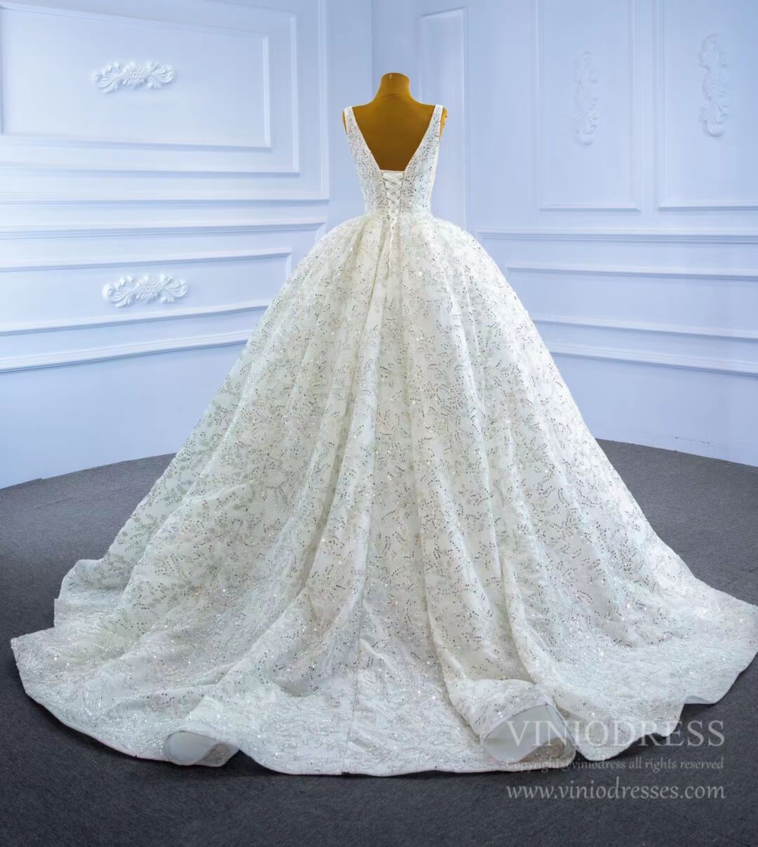 Luxury Beaded Ball Gown Wedding Dresses V-neck 67254-wedding dresses 2025 -Viniodress-Ivory-Custom Size-