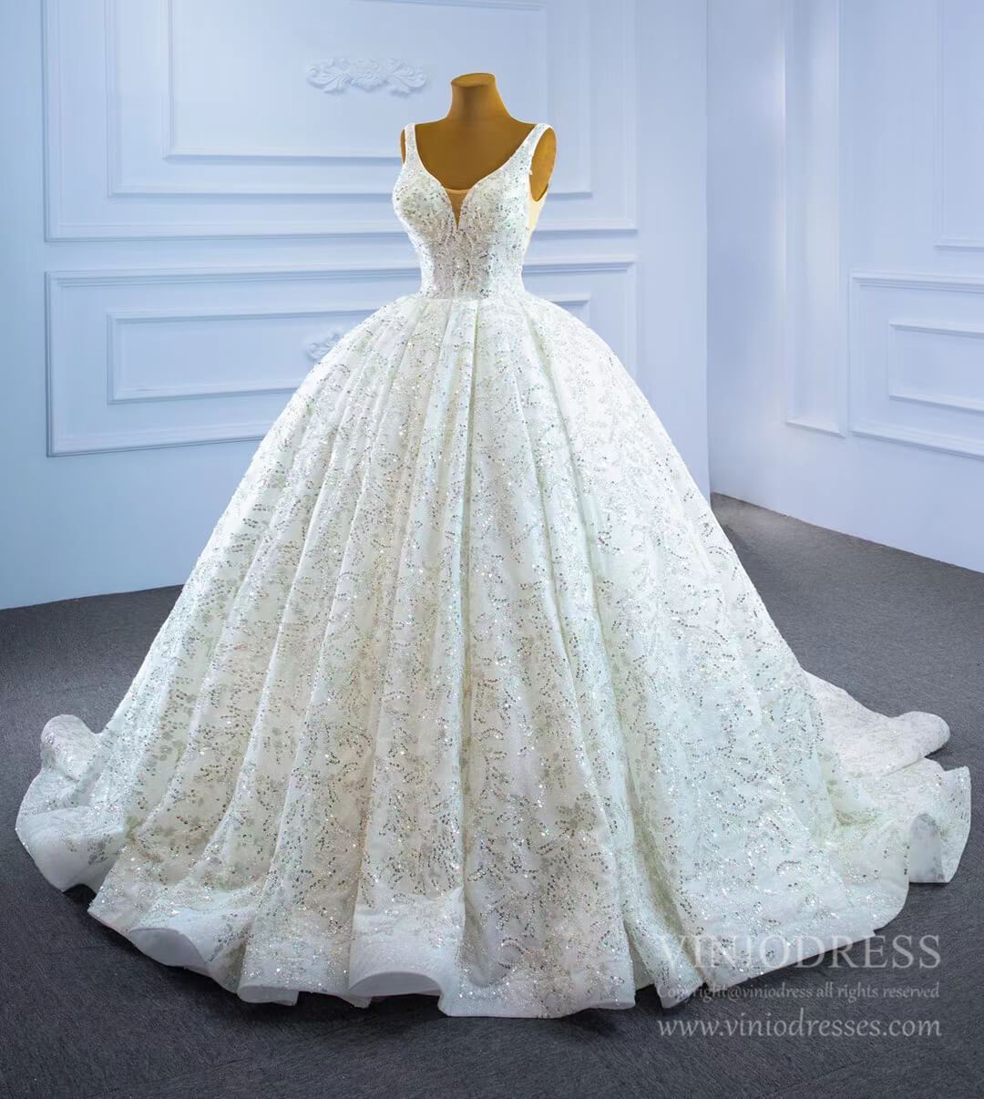 Luxury Beaded Ball Gown Wedding Dresses V-neck 67254-wedding dresses 2025 -Viniodress-Ivory-Custom Size-