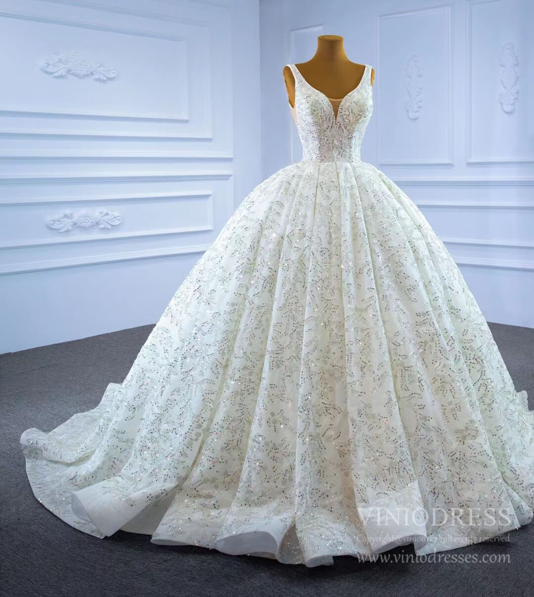 Luxury Beaded Ball Gown Wedding Dresses V-neck 67254-wedding dresses 2025 -Viniodress-Ivory-Custom Size-
