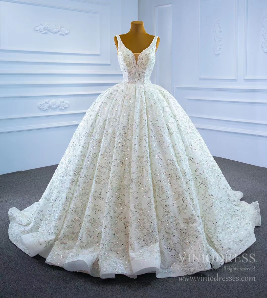 Luxury Beaded Ball Gown Wedding Dresses V-neck 67254-wedding dresses-Viniodress-Viniodress