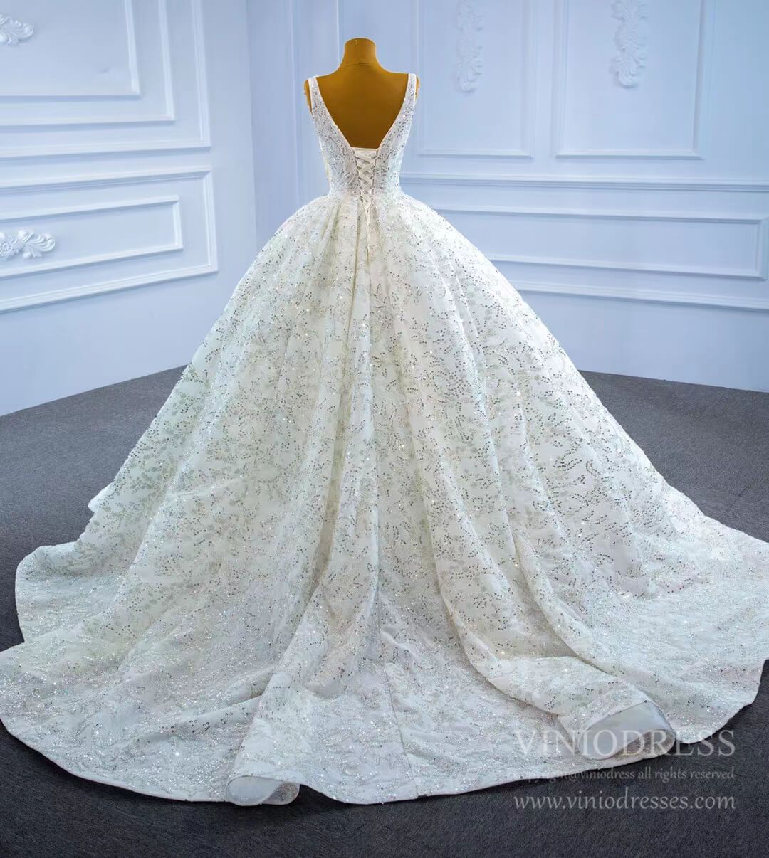 Luxury Beaded Ball Gown Wedding Dresses V-neck 67254-wedding dresses-Viniodress-Viniodress